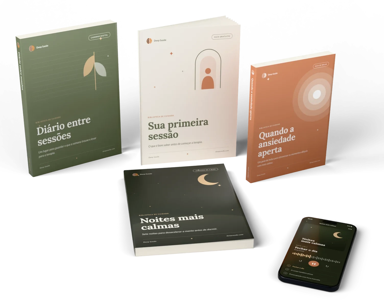 Coleção Biblioteca de cuidado da Deep Saúde: Diário entre sessões, Sua primeira sessão, Quando a ansiedade aperta e Noites mais calmas, com um celular mostrando o áudio guiado